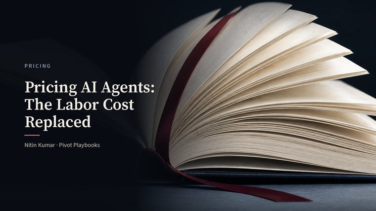 Fanned ivory pages of an open hardcover with an oxblood ribbon, the cover for Pricing AI Agents: The Labor Cost Replaced by Nitin Kumar