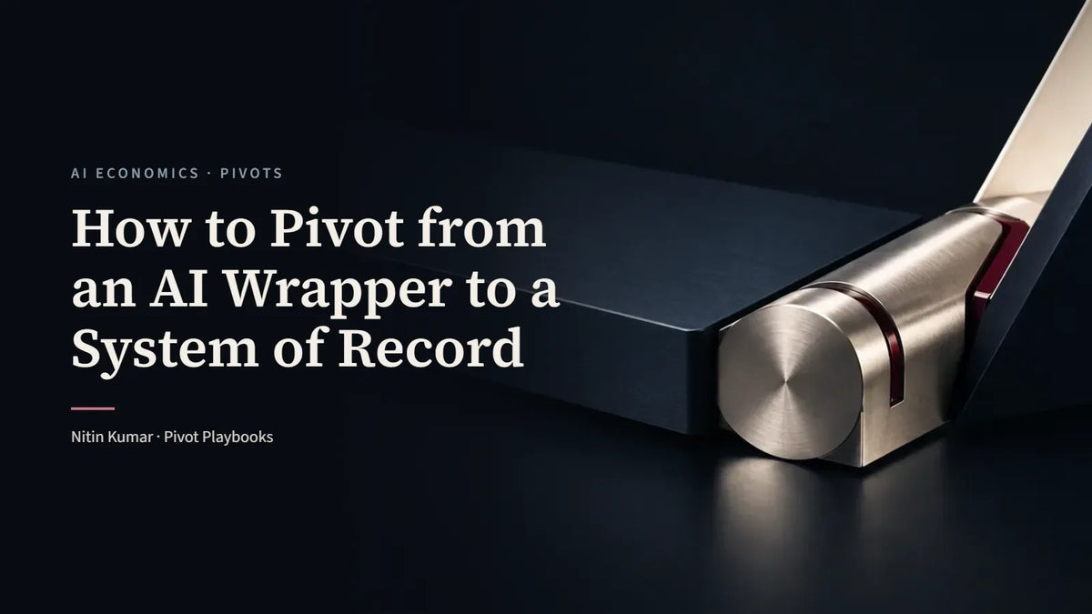 A machined platinum hinge turning a navy metal plane, the cover for How to Pivot from an AI Wrapper to a System of Record by Nitin Kumar