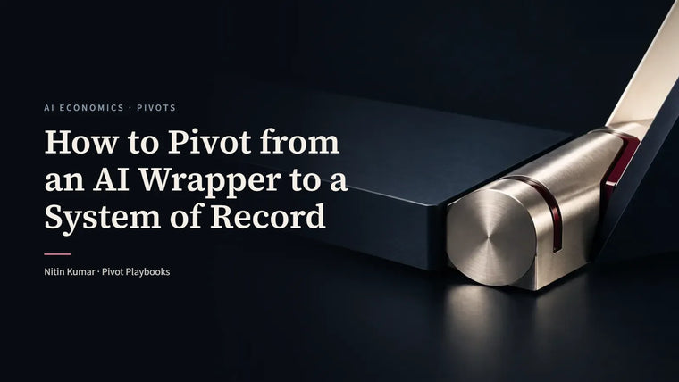 A machined platinum hinge turning a navy metal plane, the cover for How to Pivot from an AI Wrapper to a System of Record by Nitin Kumar