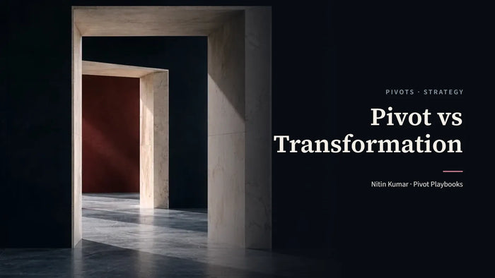 Two offset ivory stone doorways opening onto an oxblood wall, the cover for Pivot vs Transformation by Nitin Kumar