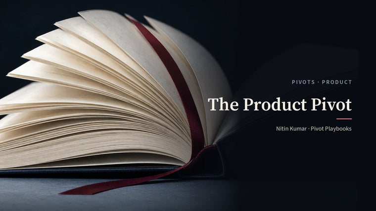 An open navy hardcover with fanned ivory pages and an oxblood ribbon, the cover for The Product Pivot by Nitin Kumar