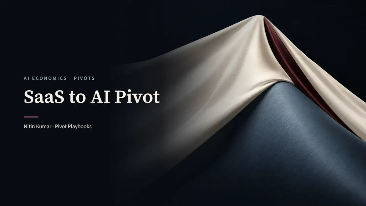 Ivory satin drawn into a taut fold over a navy form with an oxblood crease, the cover for SaaS to AI Pivot by Nitin Kumar