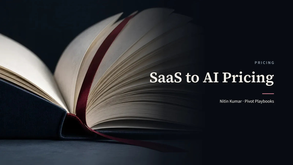 An open navy hardcover with fanned ivory pages and an oxblood ribbon, the cover for SaaS to AI Pricing by Nitin Kumar
