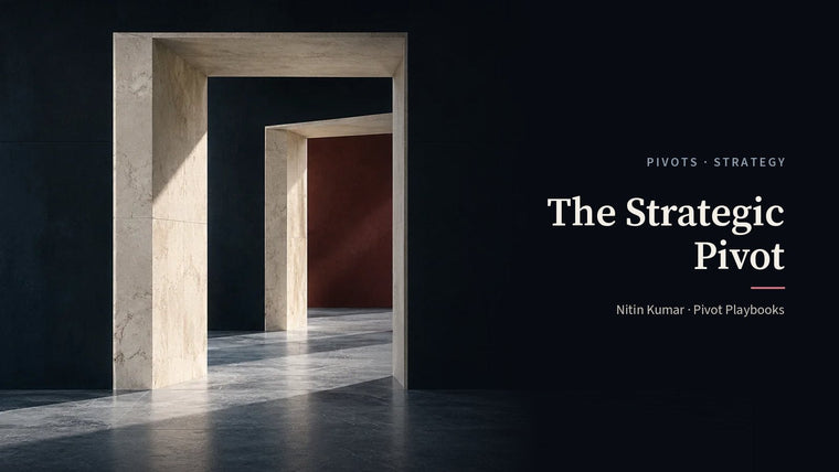 Two offset ivory stone doorways opening onto an oxblood wall, the cover for The Strategic Pivot by Nitin Kumar