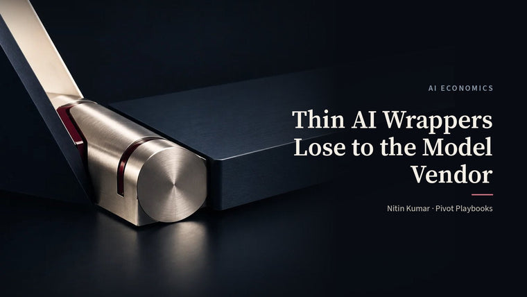 A machined platinum hinge joining two navy metal planes, the cover for Thin AI Wrappers Lose to the Model Vendor by Nitin Kumar