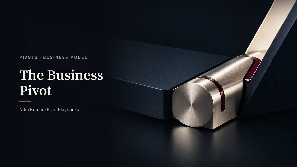 A machined platinum hinge turning a navy metal plane, the cover for The Business Pivot by Nitin Kumar