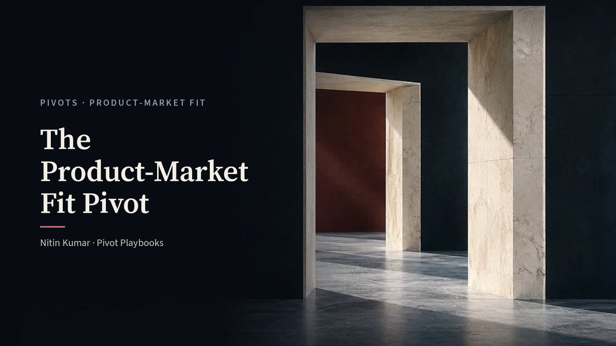 Two offset ivory stone doorways with a shaft of light on a slate floor, the cover for The Product-Market Fit Pivot by Nitin Kumar