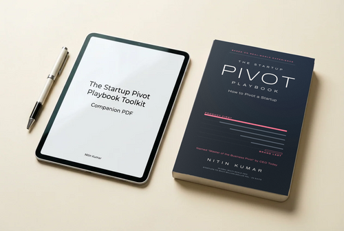 The Startup Pivot Playbook paperback beside a tablet showing The Startup Pivot Playbook Toolkit PDF
