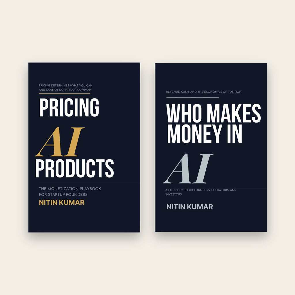 The AI Business Bundle: Pricing AI Products and Who Makes Money in AI paperbacks by Nitin Kumar, side by side